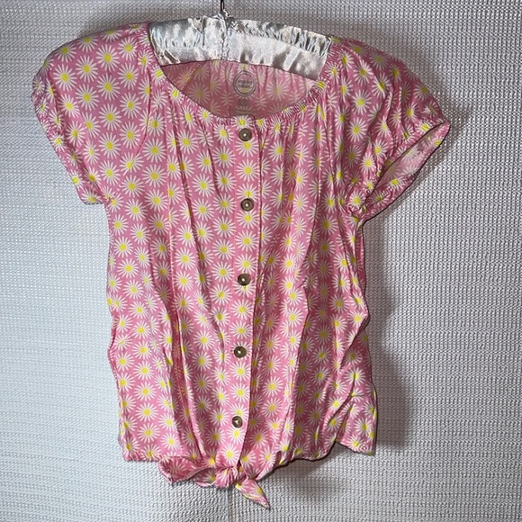 WONDER NATION Pink Yellow Daisy Tie Front Shirt Girls Small 6/6X - Picture 1 of 5